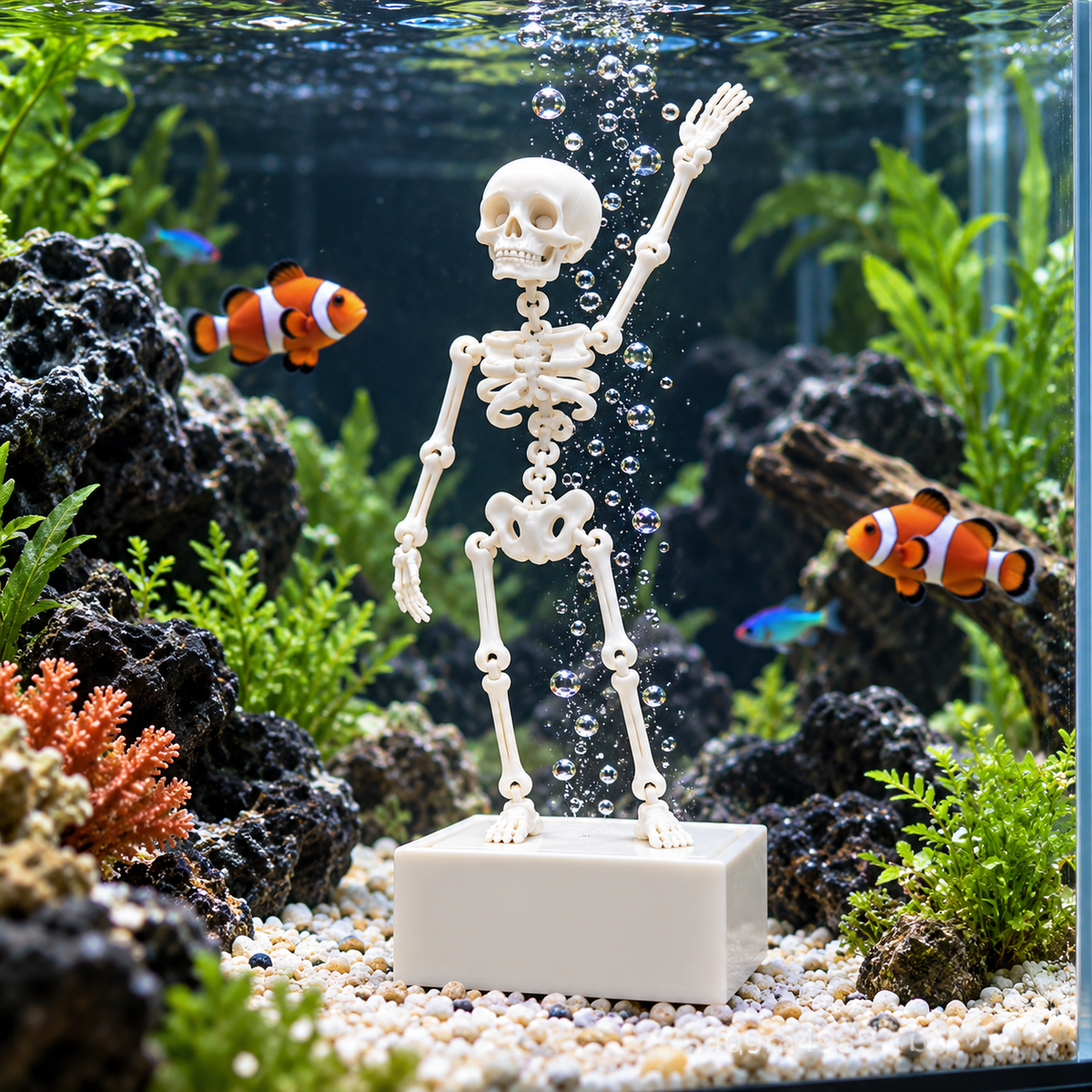 Dancing Skeleton Aquarium Decor – Bubble-Powered Moving Fish Tank Ornament