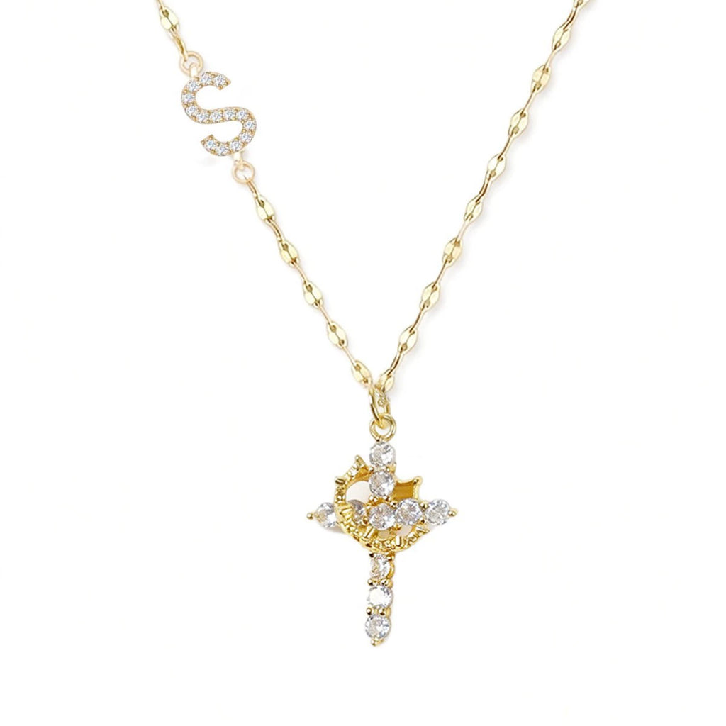 Initial Charm Necklace with CZ Cross Pendant