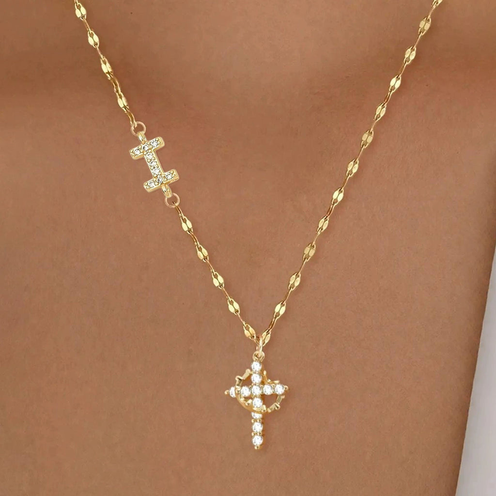Initial Charm Necklace with CZ Cross Pendant