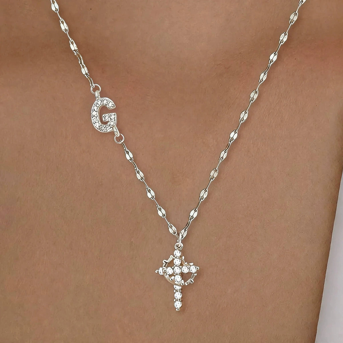 Initial Charm Necklace with CZ Cross Pendant