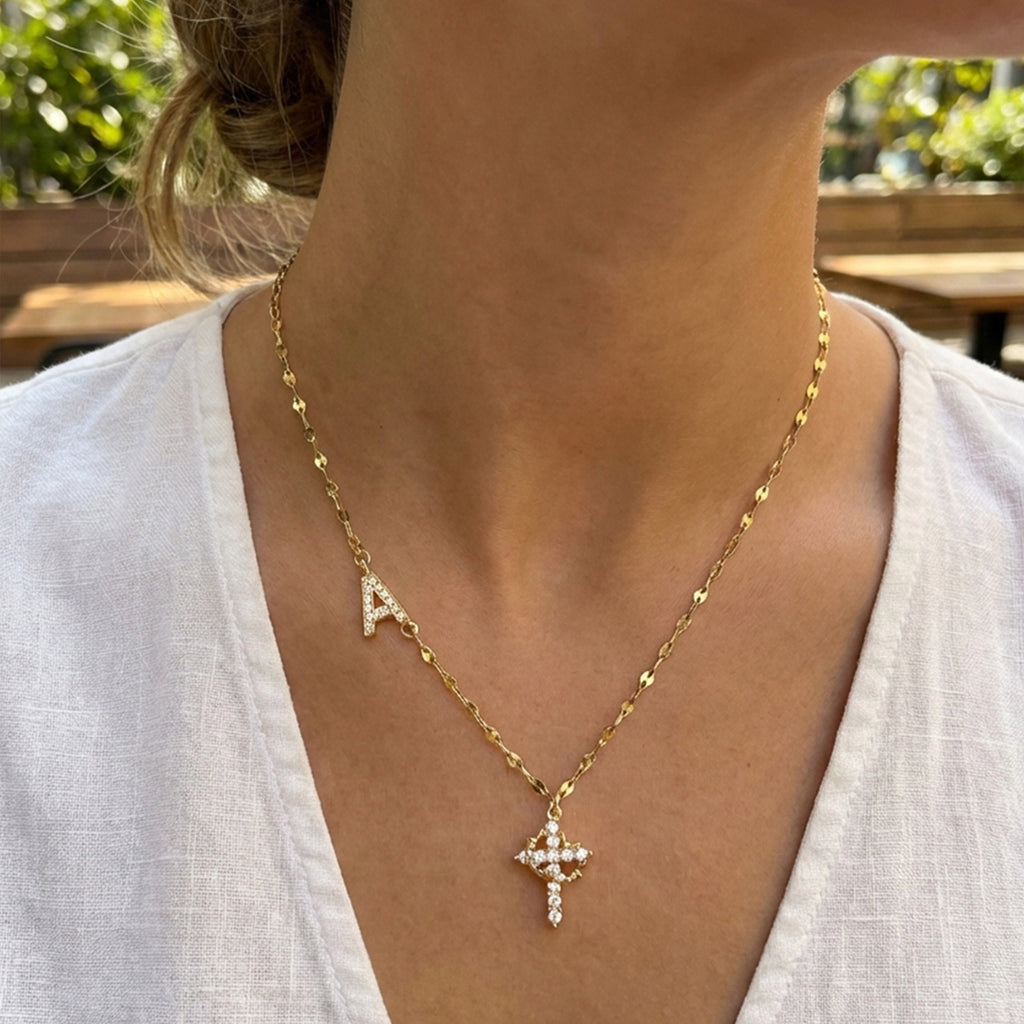 Initial Charm Necklace with CZ Cross Pendant