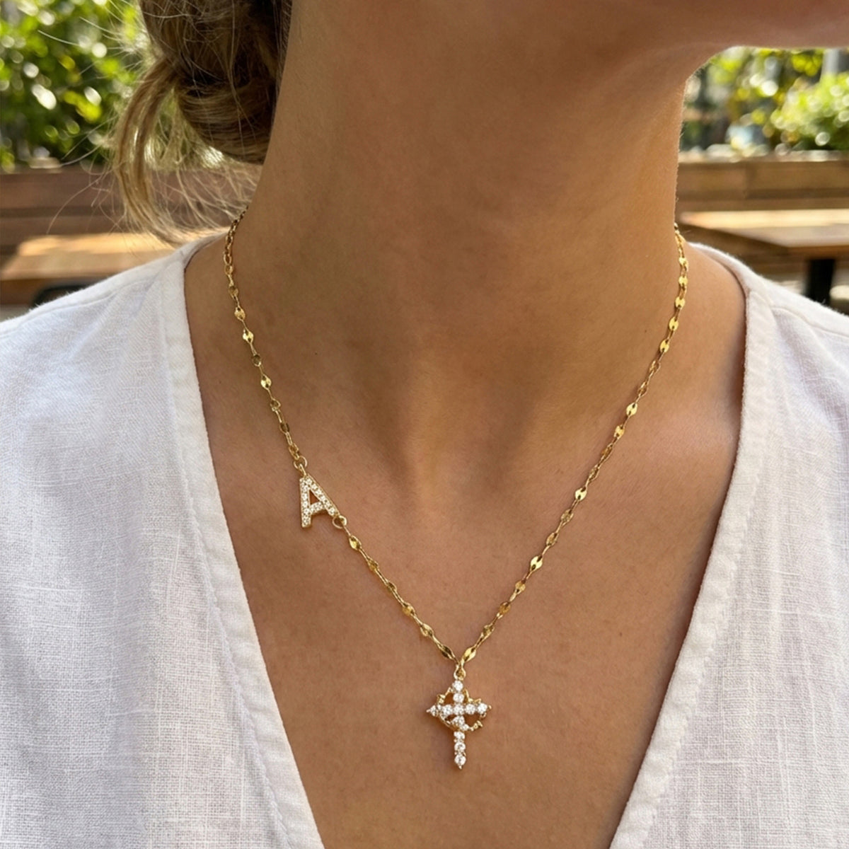 Initial Charm Necklace with CZ Cross Pendant