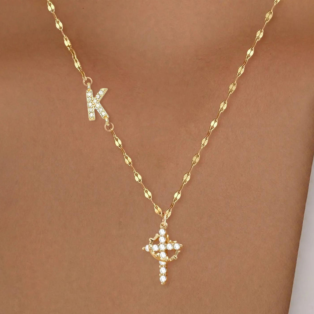 Initial Charm Necklace with CZ Cross Pendant