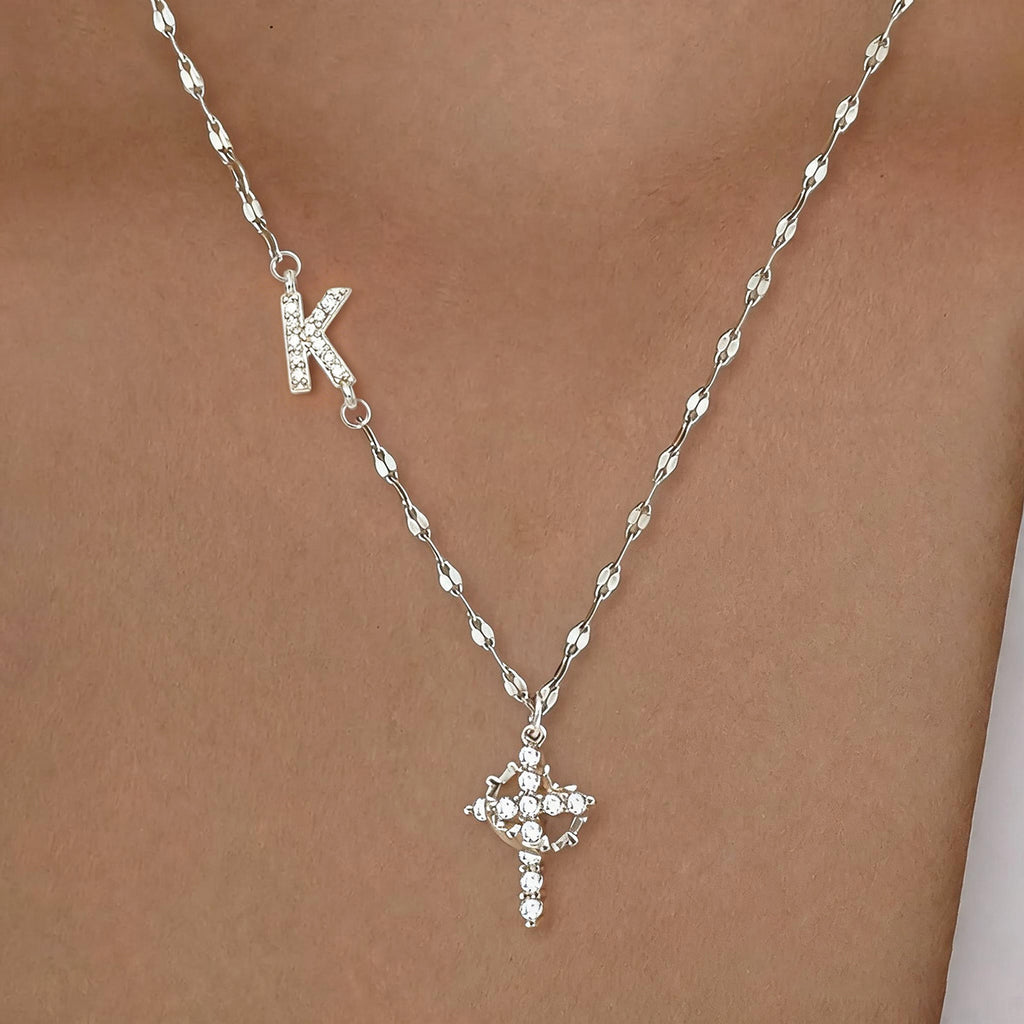 Initial Charm Necklace with CZ Cross Pendant