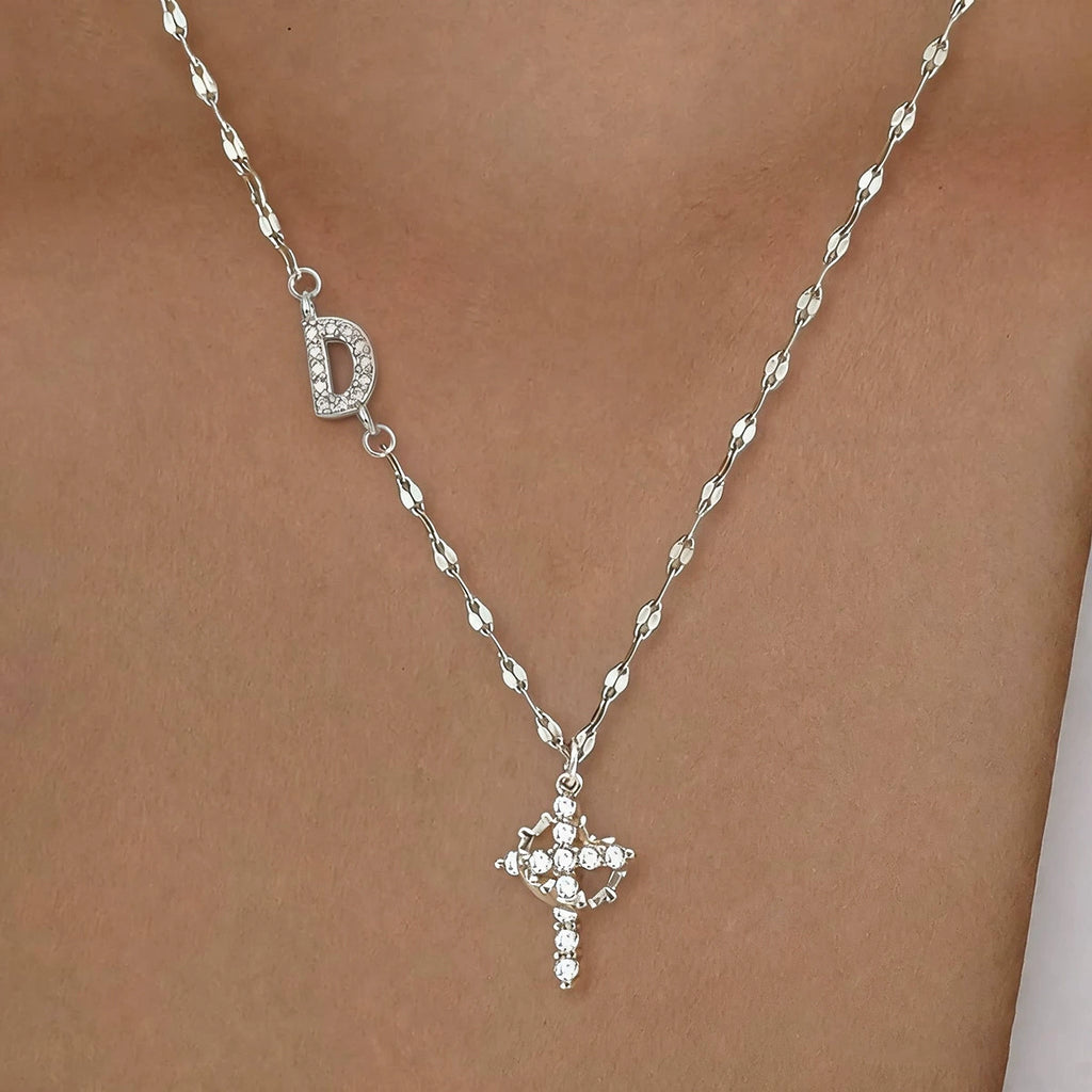 Initial Charm Necklace with CZ Cross Pendant