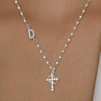 Initial Charm Necklace with CZ Cross Pendant